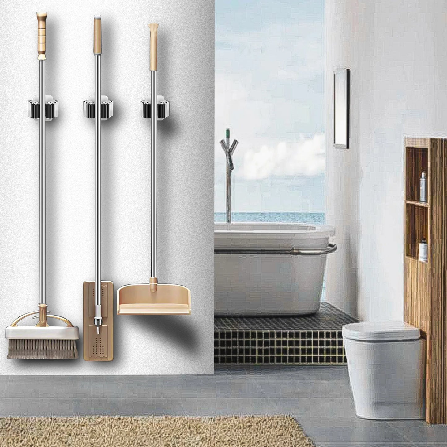 Multi-Purpose Mop Storage Hooks Wall Mounted Punching Type Mop Broom Organizer Holder Rack With Screws Kitchen Bathroom Supplies