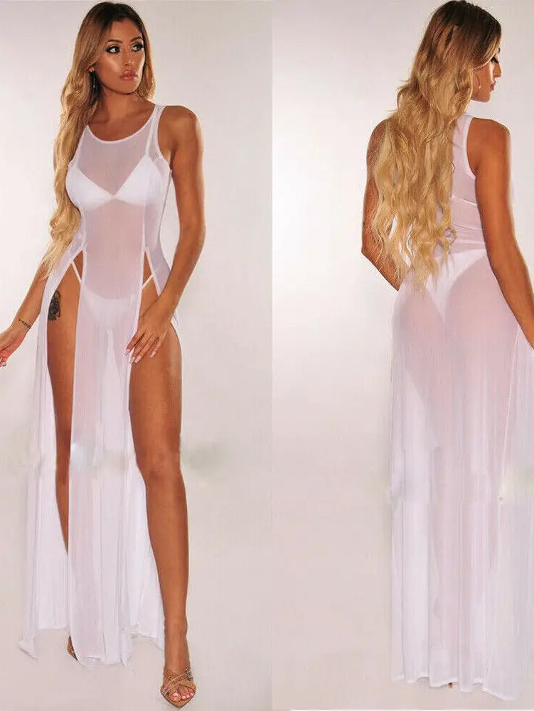 Lace O Mesh Neck Maxi Dress Mesh Lace Thin Transparent Sexy Women Slit Long Dress Elegant Women Fashion Sexy Women 7L7G