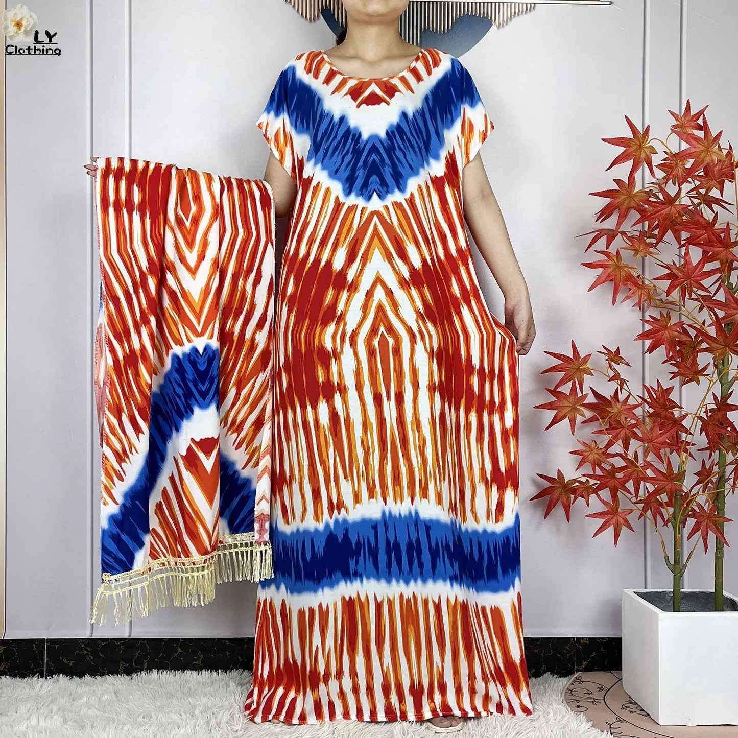 2024 New Style Short Sleeve African Dashiki Tie-dyed Cotton Abaya Caftan Lady Summer Maxi Islam Casual Dresses With Big Scarf