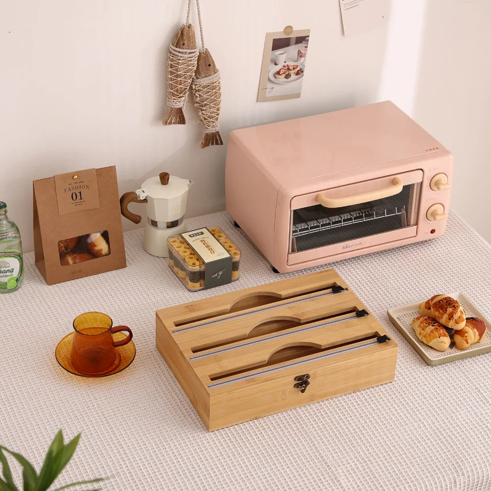 New 3 In 1 Bamboo Wrap Dispenser Storage For Aluminum Foil With Cutter Cling Film Holder Kitchen Accessories Organizer