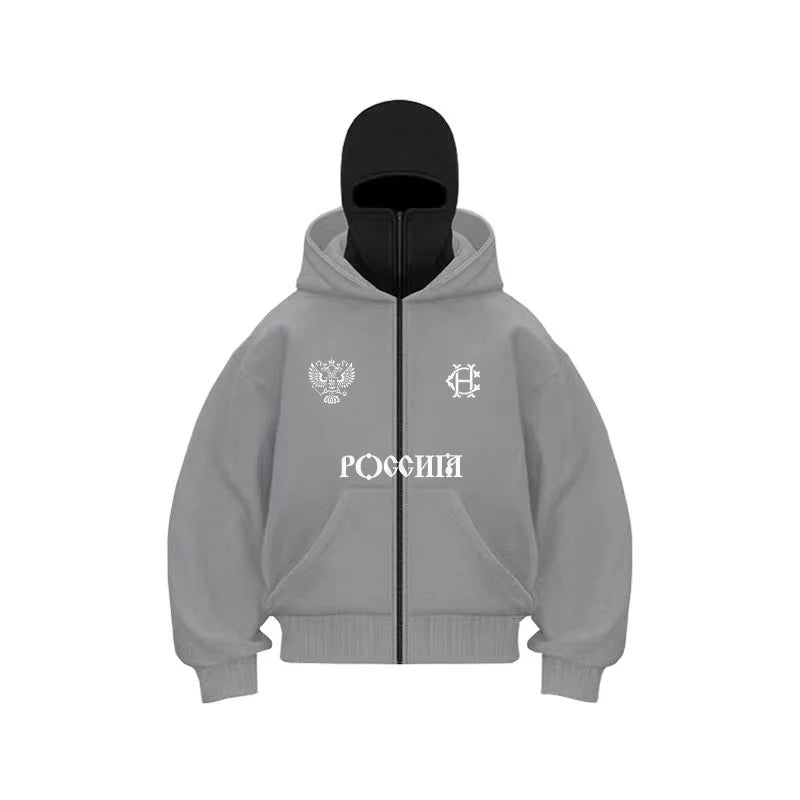 Balaclava Fashion Double Hat Design Hoodie Hop Street Zipper Men's and Women's Gothic Harajuku Sweatshirt