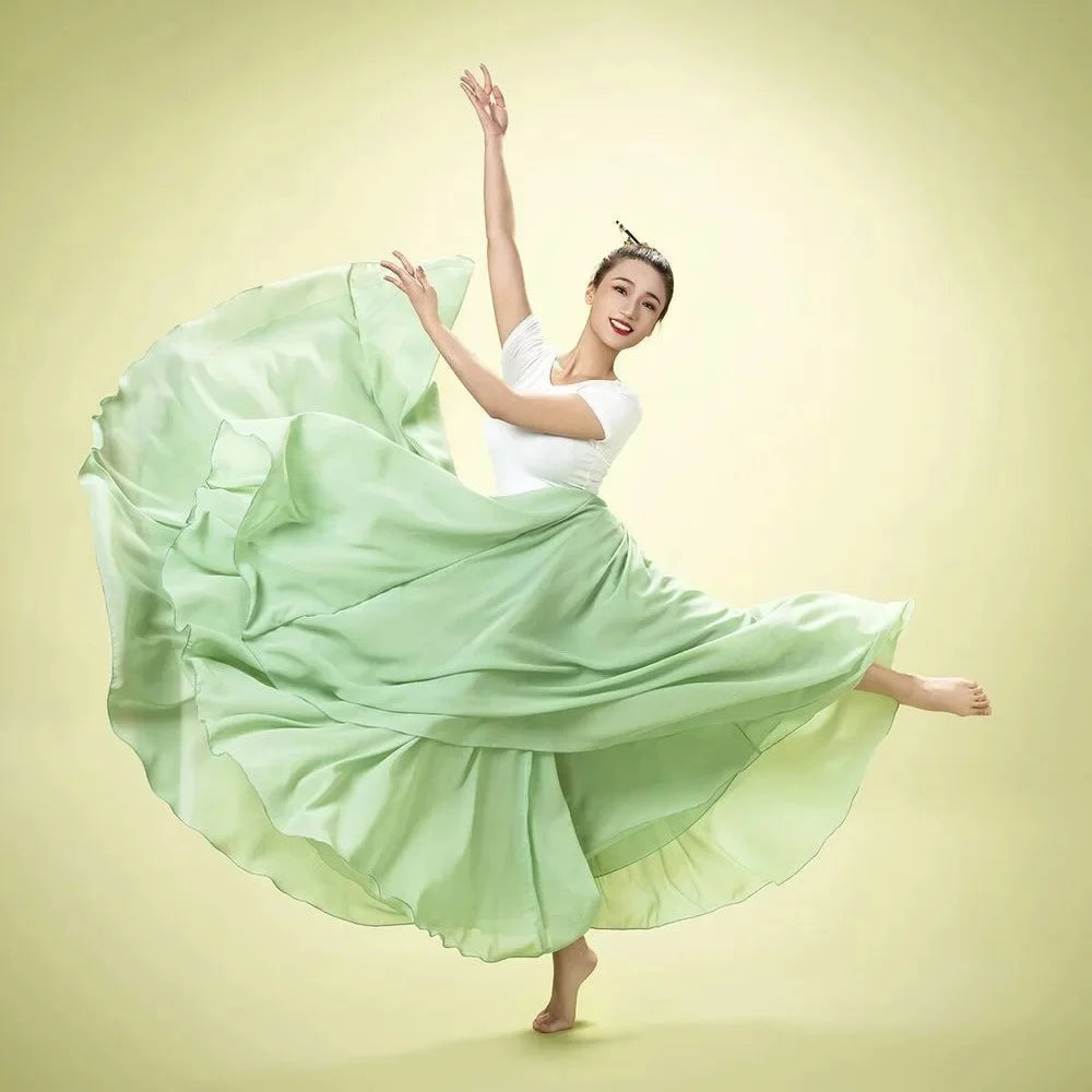 720 Degree Wide Dancing Skirt Chiffon Double Layer Semi-Long Dress Women's Solid Color Xinjiang Dance Skirt