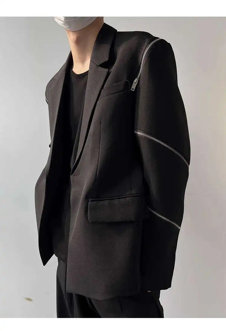 IEFB Zipper Men Suit Personalized Design Coat Casual 2023 Solid Color Long Sleeve Zipper Decoration Male Jacket Darkwear 9A5018