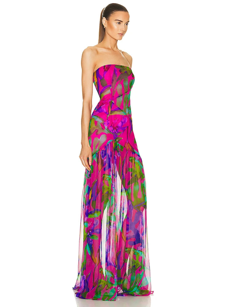 Summer Strapless Floral Printed Long Dress Women Fashion Sleeveless Print Split Maxi Dress Elegant Beach Party Evening Dresses