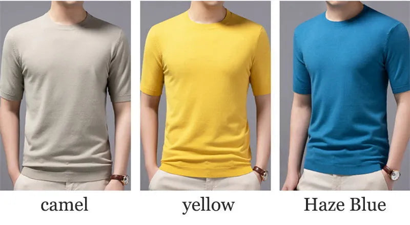 Superfine Merino Cashmere Knitted O-neck T-shirt for Men's Clothing Short Sleeve Tee Solid Color Trend Leisure Tee Tops ﻿