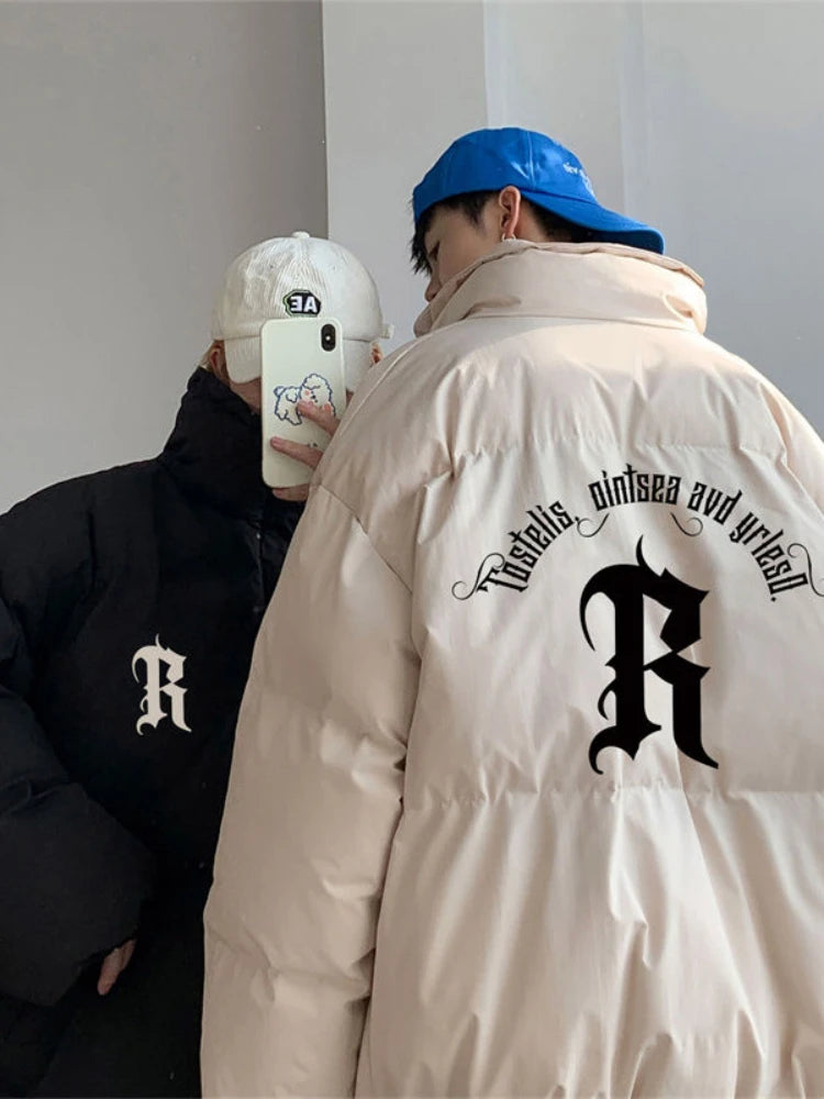 Gmiixder Men's Winter Punk Letter Parkas Hip Hop Oversize Thickened Down Jacket Oversize Padded Jacket Cool Bread Zipper Up Coat