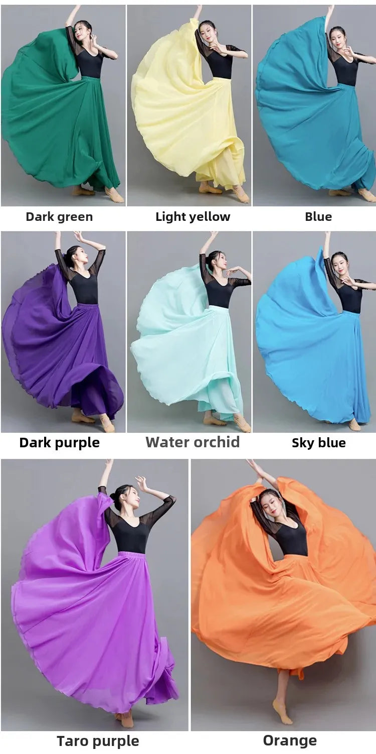 720 Degree Wide Dancing Skirt Chiffon Double Layer Semi-Long Dress Women's Solid Color Xinjiang Dance Skirt