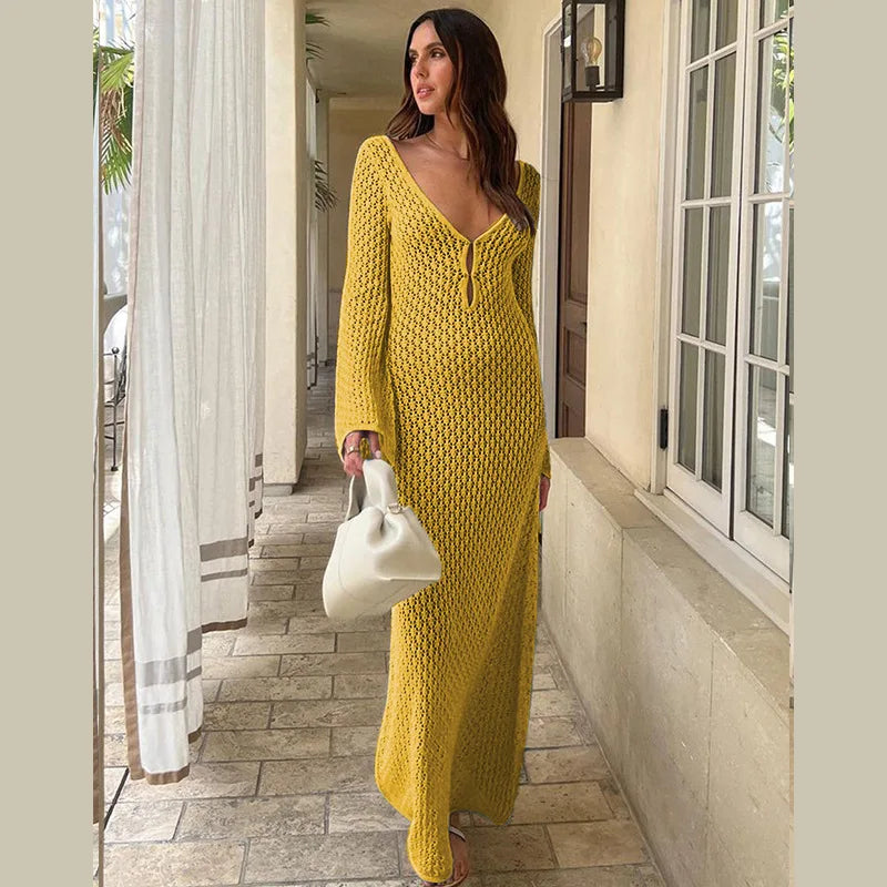 Sexy Cover Up Long Sleeve Long Dress Women Backless Beach Wear Bathing Suit Knitting Swimwear knitted Beach Dress Tunic Robe