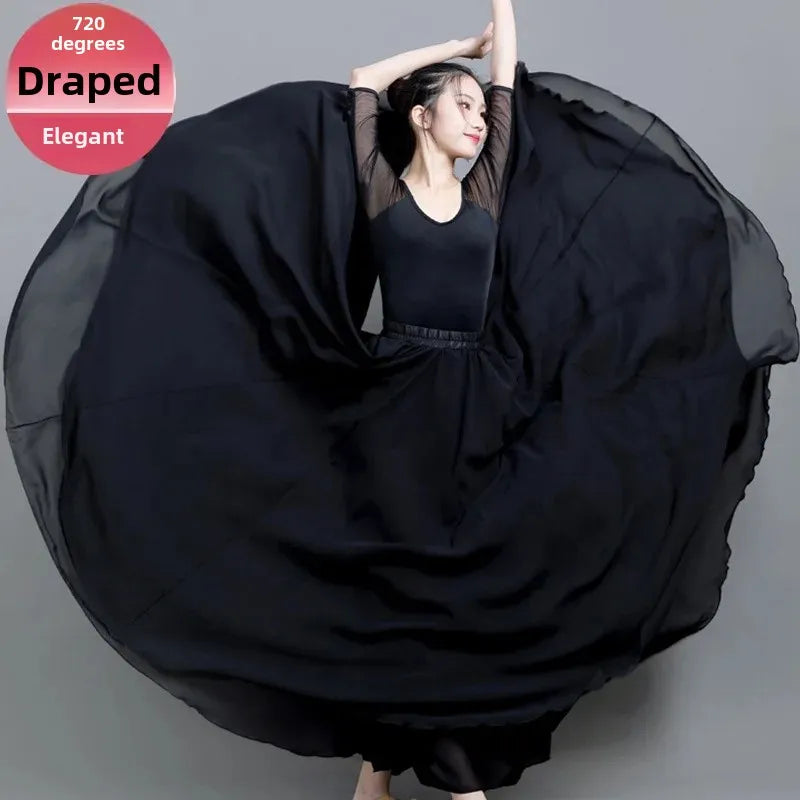 720 Degree Wide Dancing Skirt Chiffon Double Layer Semi-Long Dress Women's Solid Color Xinjiang Dance Skirt