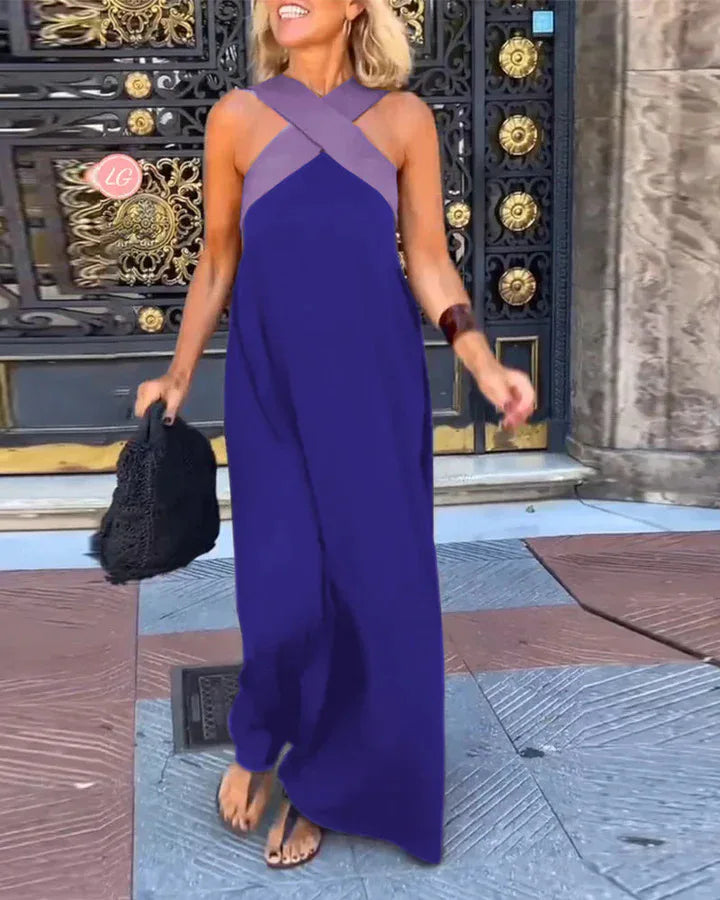 Summer Casual Loose Beach Dresses Fashion Off Shoulder Multi-color Holiday Dress 2025 New Women Halter Color Blocked Long Dress