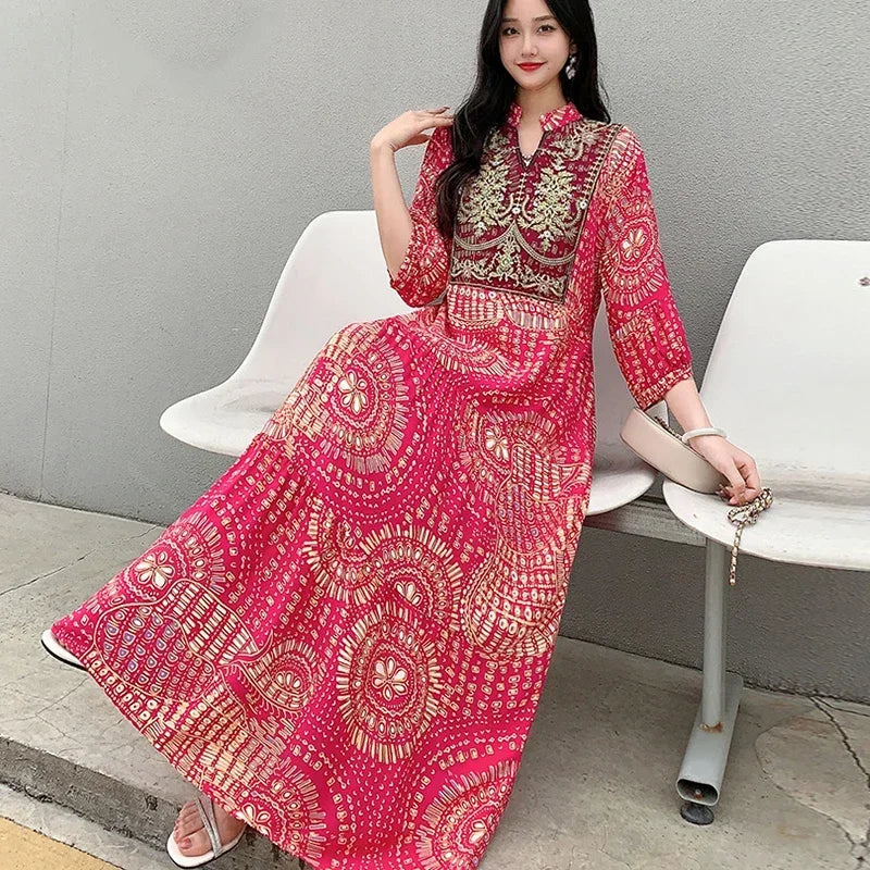 Summer Autumn Robe Maxi Long Dress Women Indian Clothes Boho Cotton Print Floral Boho Korean Style Fashion Casual Vestido Largos