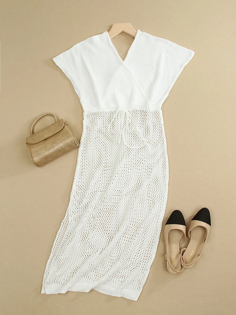 2024 White Crochet Tunic Bikini Cover-ups Sexy Hollow Out Long Dress V neck Women Summer Clothes Beach Wear Knitted Cover Up
