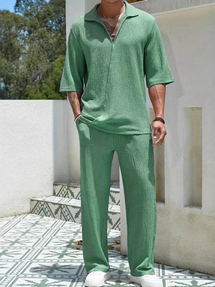 2025 New Spring summer Men's retro casual suit collar solid color half-sleeved shirt loose drawstring pants Two-piece beach Suit
