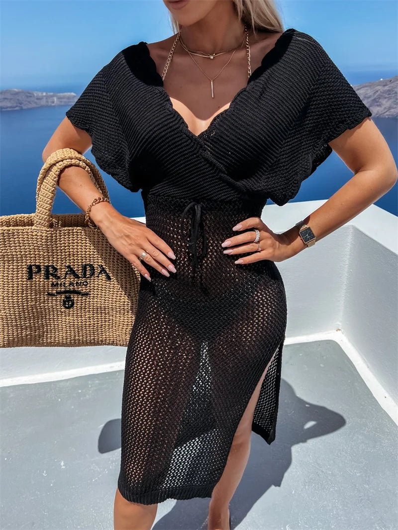 2024 White Crochet Tunic Bikini Cover-ups Sexy Hollow Out Long Dress V neck Women Summer Clothes Beach Wear Knitted Cover Up