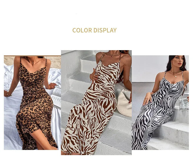 Women Sundress Summer Women Leopard Print Sexy Halter Beach Long Dress Backless Elegant Dresses Casual Resort Style Clothes