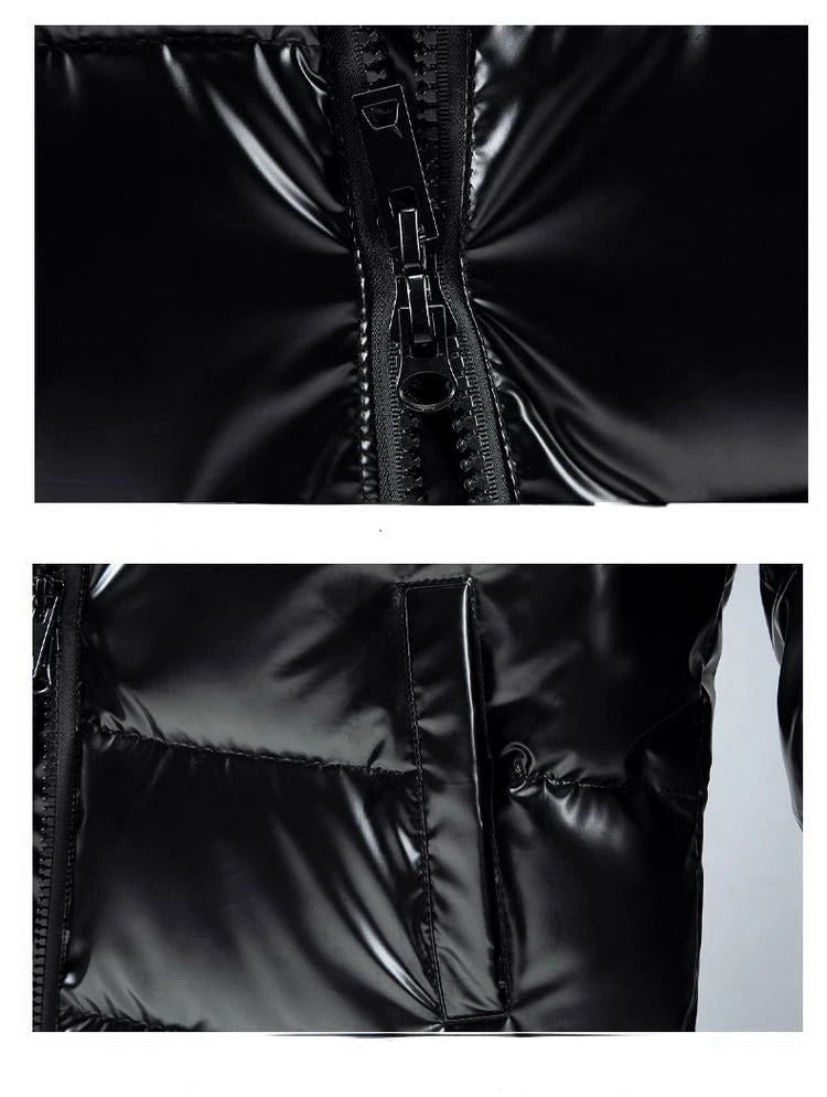 Men's Mid Length Cotton Down Jacket, Thick Down Overcoat, Glossy Coat, Quilted Hoodie, Hat, Winter Trend, Casual, New