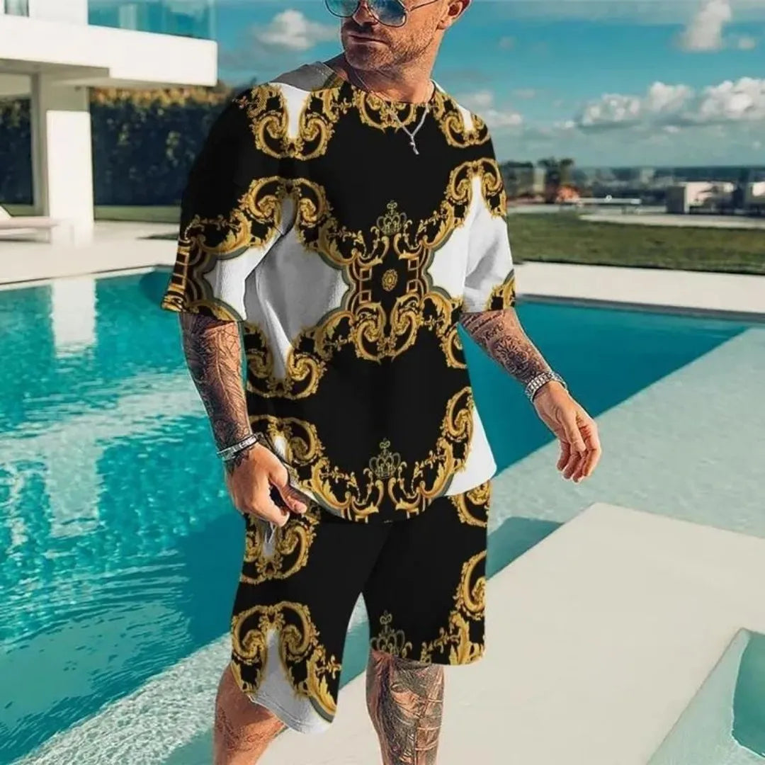 2025 Summer New Men's Luxury Gold Pattern Sportswear 3D Printed Short Sleeve T-shirt Set Fashionable Casual Men's T-shirt Two Pi