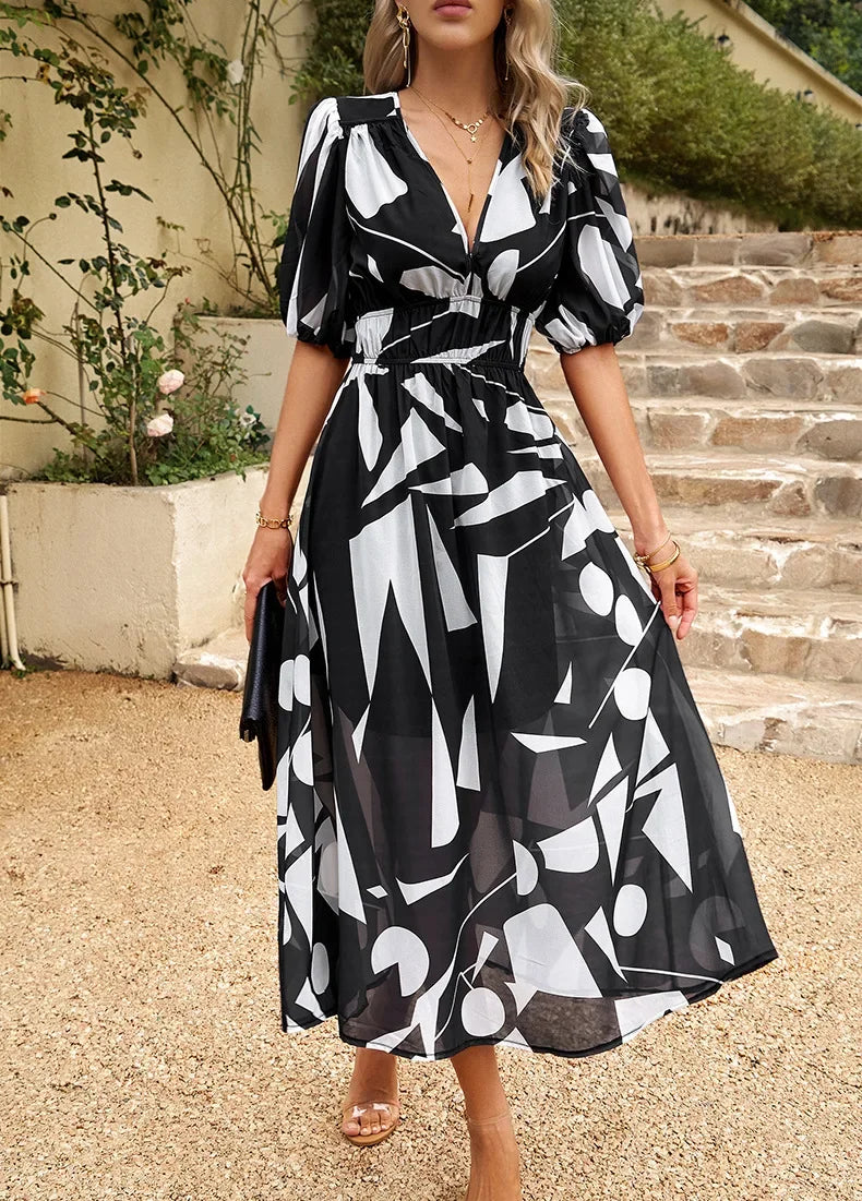 2024 Elegant High Quality Design summer long Dress Waist Cinching V-neck Print Elastic Waist Maxi  Dresses for Women Clothing
