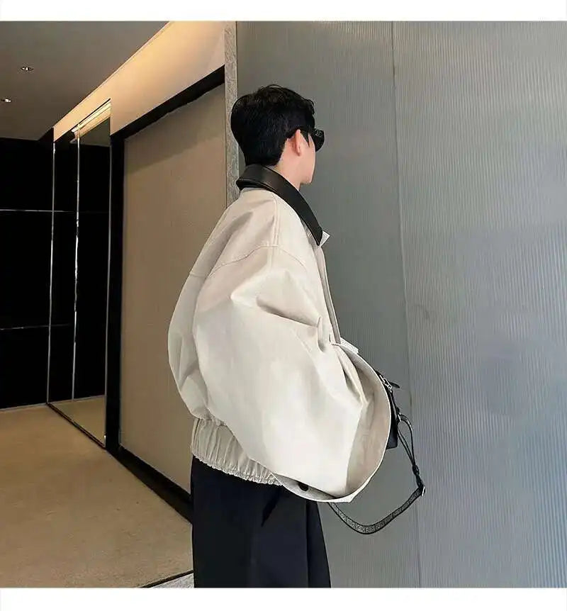 LUZHEN 2025 Spring Design Leather Collar Trendy Jacket Personalized Handsome Trendy Classy Versatile Color Contrast Tops LZ8146