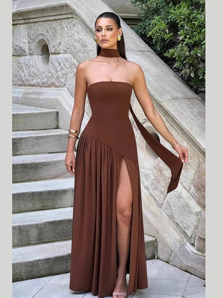 Elegant Yellow Gauze Off Shoulder Scarf Neack Long Dress Women Fashion Sleeveless A-line Vestido 2025 Summer Vocation Party Robe