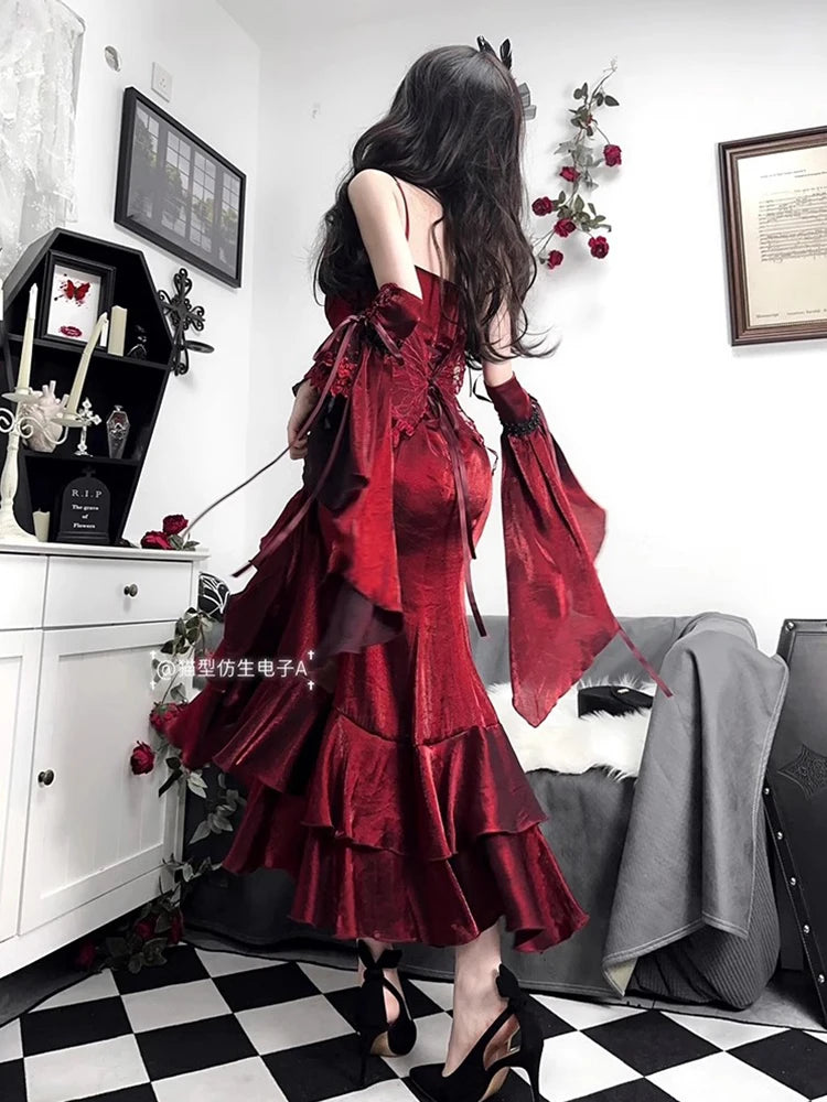 Red Lolita Fishtail Dress Womens High Waist Slim Fit Elegant 3D Rose Irregular Long Dress Lady Gothic Dress Spring and Summer