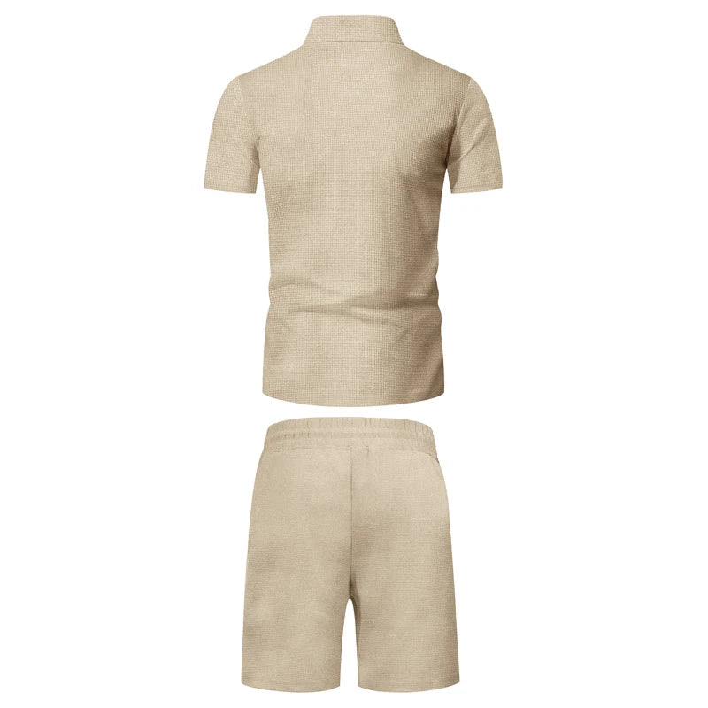 Men's Comfortable Short-Sleeved Waffle Polo Shirt And Shorts Set - Breathable Lightweight Spring/Summer Clothing