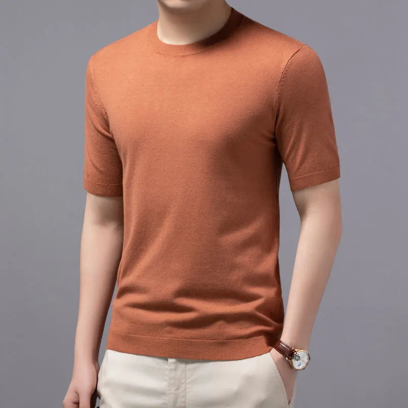 Superfine Merino Cashmere Knitted O-neck T-shirt for Men's Clothing Short Sleeve Tee Solid Color Trend Leisure Tee Tops ﻿