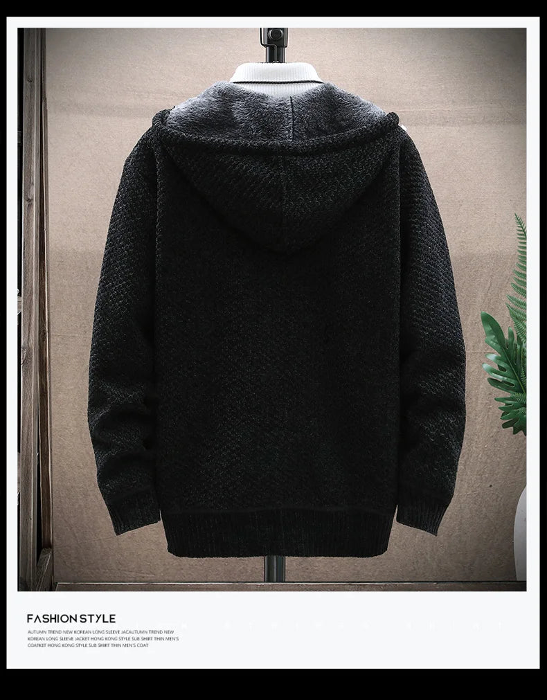 Men Cardigan Winter Hooded Solid Sweater Autumn Winter Fleece Warm Casual Sweatercoat Male Zipper Knitted Cardigans Men Clothing