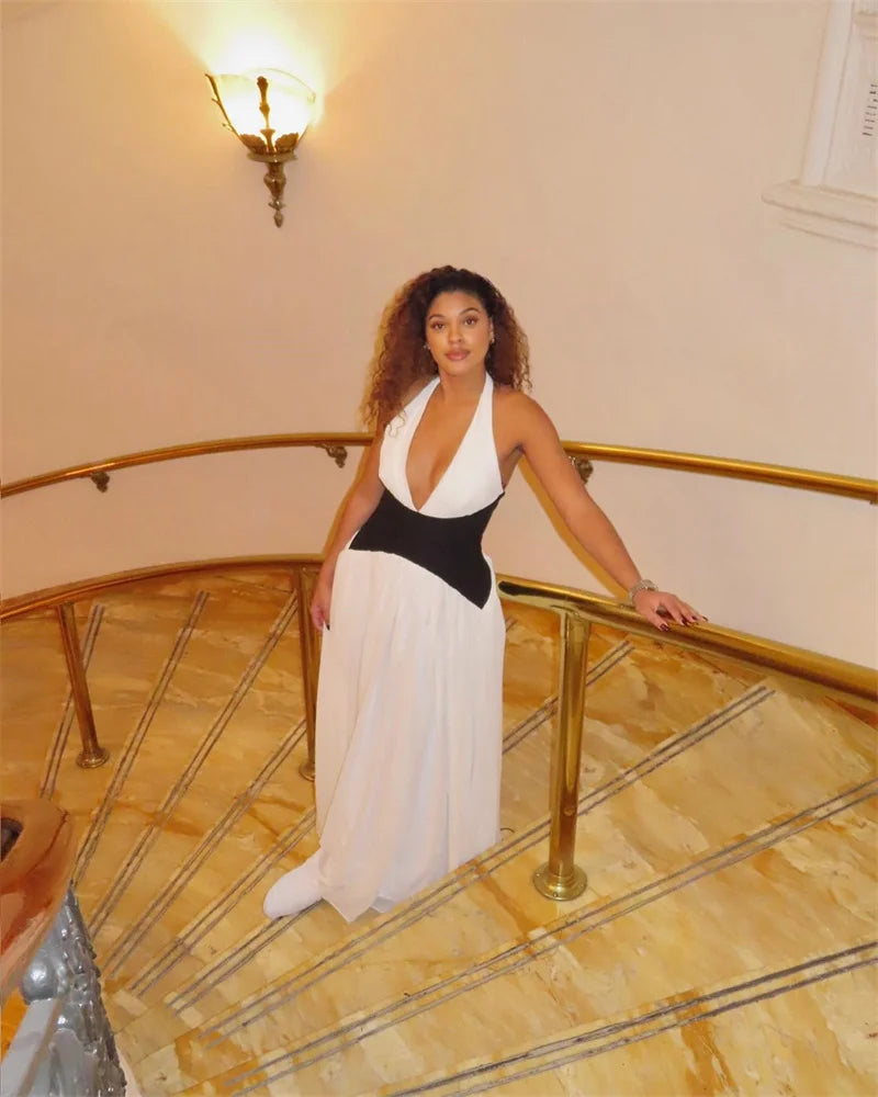 Mozision Halter Deep V Neck Backless Sexy Maxi Dress Women Gown Fashion Patchwork Sleeveless High Waist Club Party Long Dress