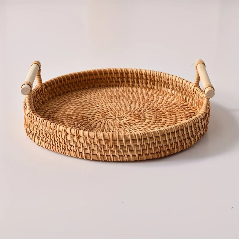 Rattan Tray Round Storage Basket Tray with Handles Natural Hand Woven Baskets Bread Fruit Food Plate Tray Home Kitchen Supplies