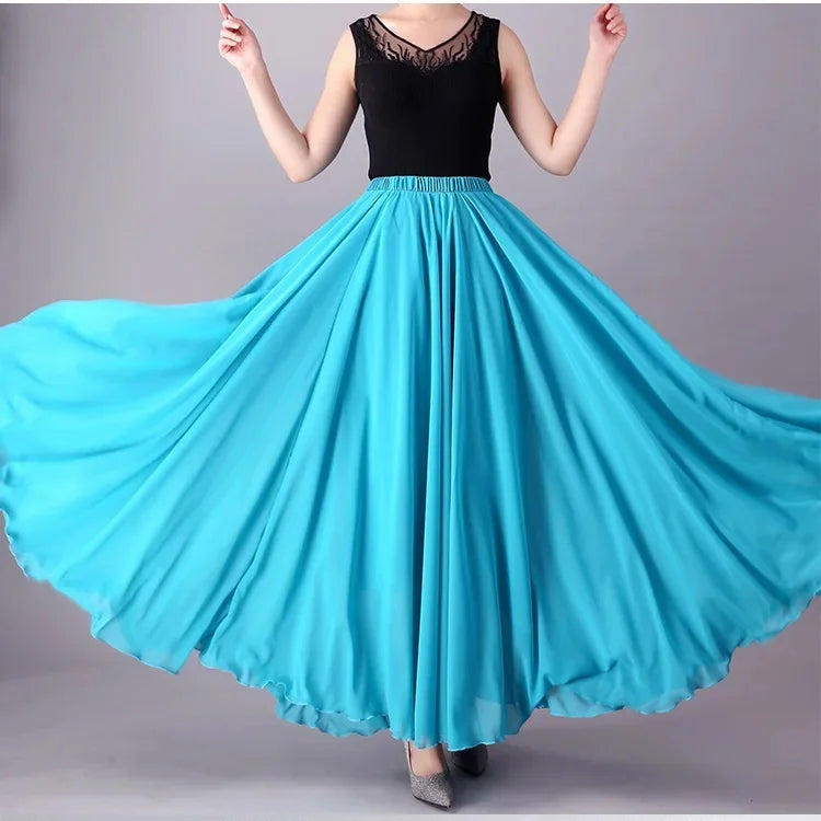 720 Degree Wide Dancing Skirt Chiffon Double Layer Semi-Long Dress Women's Solid Color Xinjiang Dance Skirt