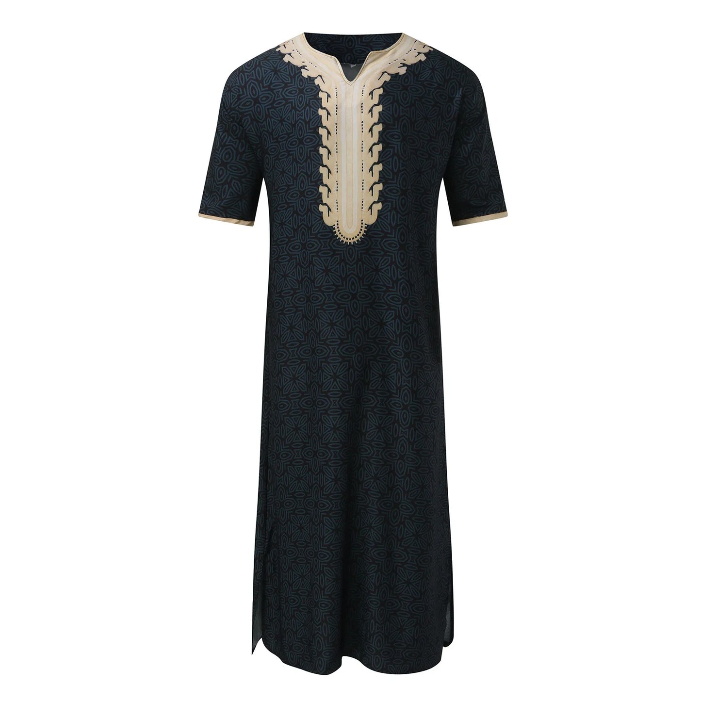 Men Muslim Summer Fashion Loose Robe Islam Kaftan Men Clothing Dubai Luxury Muslim Abaya Muslim V-neck Short Sleeve Printing