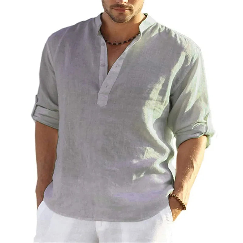 1pcs Summer Men Lightweight Shirt Male Long Sleeve Cotton Linen Shirts Beach Loose Fitting Shir Men's Breathable Collar T Shirt