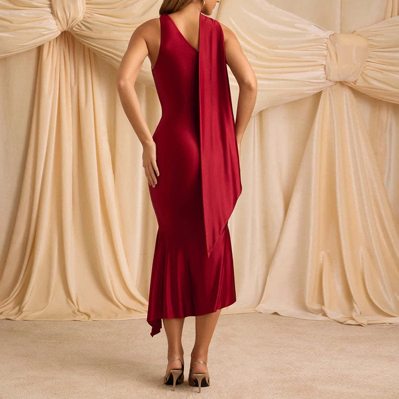 Sexy Skew Collar Irregular Mermaid Dress Woman Spring Hollow Slim Fit Ruffle Long Dress Summer One-shoulder Backless Party Dress