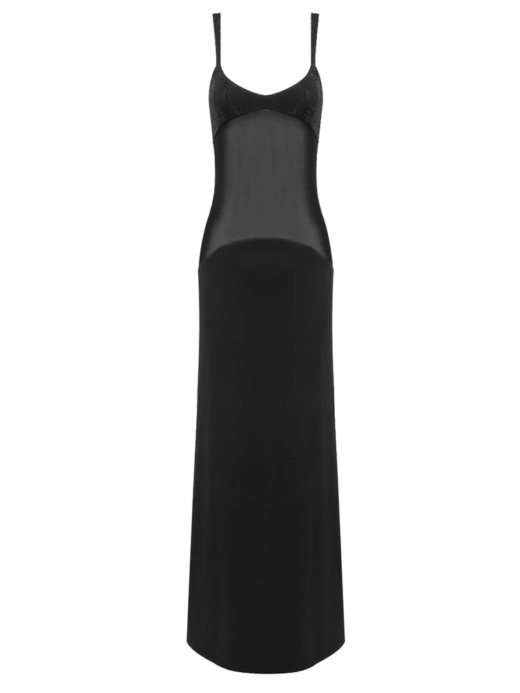 Sexy Spaghetti Strap Diamonds Mesh Patchwork Long Dress Women Sleeveless Beaded Maxi Slim Dress Celebrity Club Party Gowns