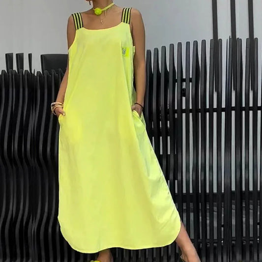 2024 Women Striped Suspender Long Dress Elegant New Off Shoulder Loose Pockets One Piece Dresses Fashion Solid Color Party Dress