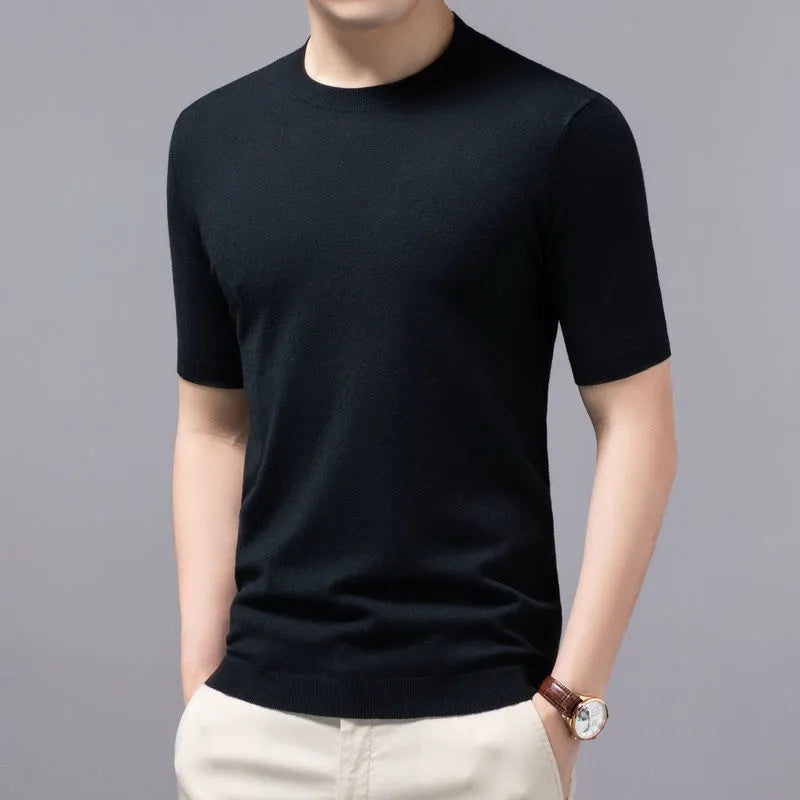 Superfine Merino Cashmere Knitted O-neck T-shirt for Men's Clothing Short Sleeve Tee Solid Color Trend Leisure Tee Tops ﻿