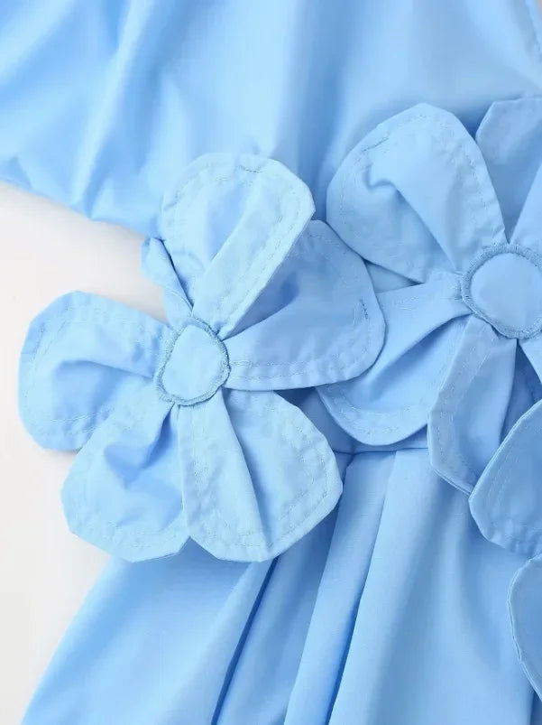 Women Blue V-neck Waist Strap Three-dimensional Flower Bow High Waist Long Dress