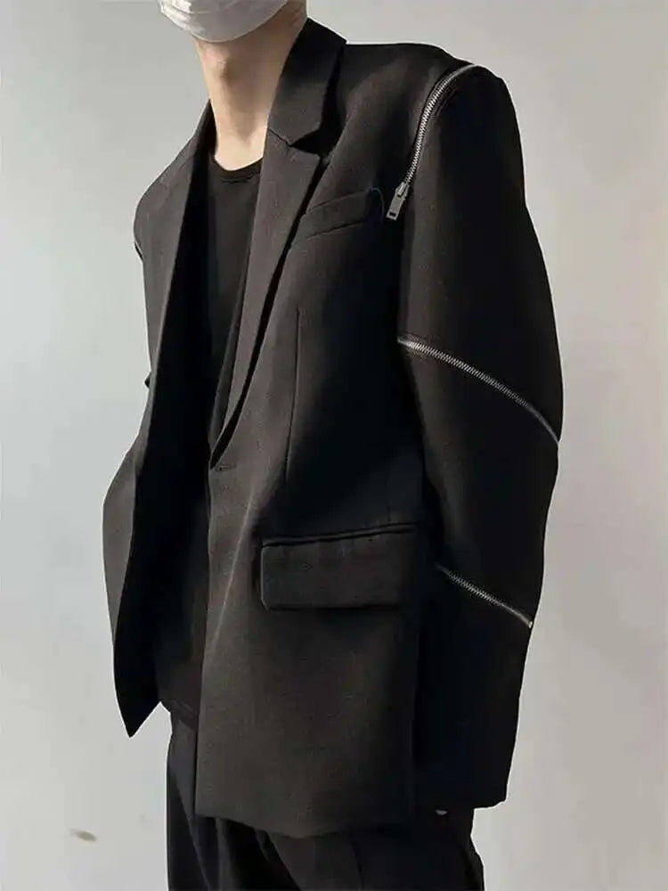 IEFB Zipper Men Suit Personalized Design Coat Casual 2023 Solid Color Long Sleeve Zipper Decoration Male Jacket Darkwear 9A5018