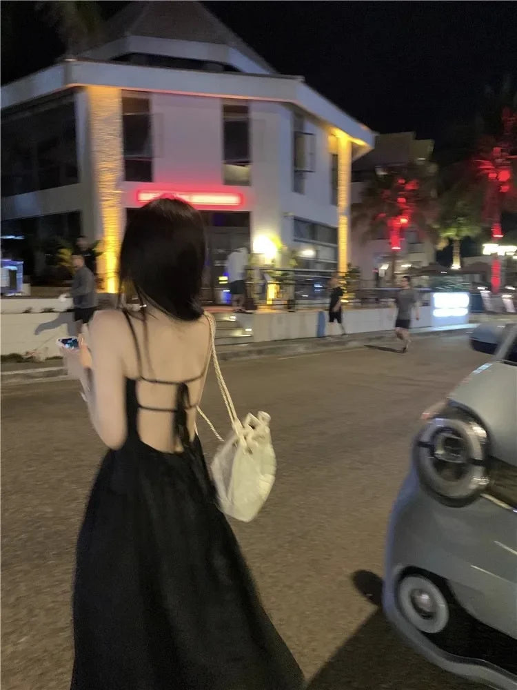 French Style Sexy Open-Back Blue Tank Dress Women's Summer Vacation Beach A- Line Long Dress Beach Vacation Dress