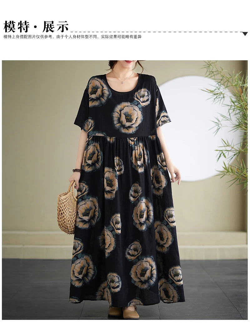 Oversized Summer Bohemian Style Long Dress Women Ruffle Pleated Fashion Flower Print Ladies Dresses Loose Casual Woman Dress