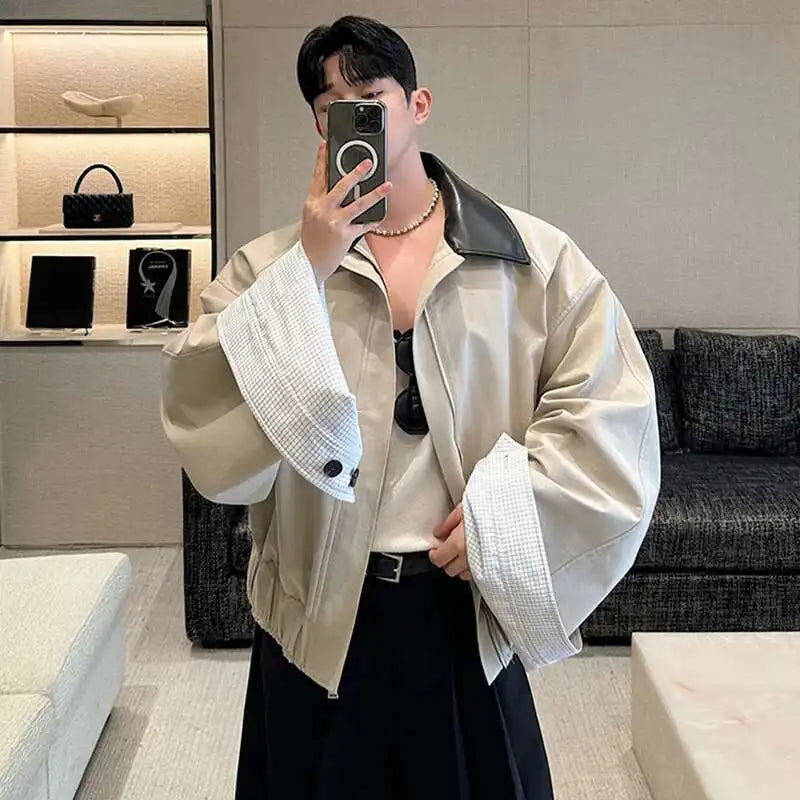 LUZHEN 2025 Spring Design Leather Collar Trendy Jacket Personalized Handsome Trendy Classy Versatile Color Contrast Tops LZ8146