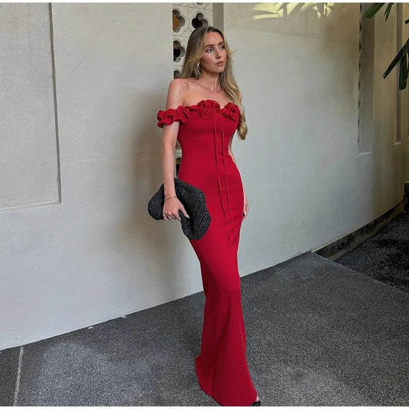 Sexy Off Shoulder Ruffles Women's Dresses Fashionable Lace Up Solid Slim Fit Long Dress Female Summer Beach Holiday Party