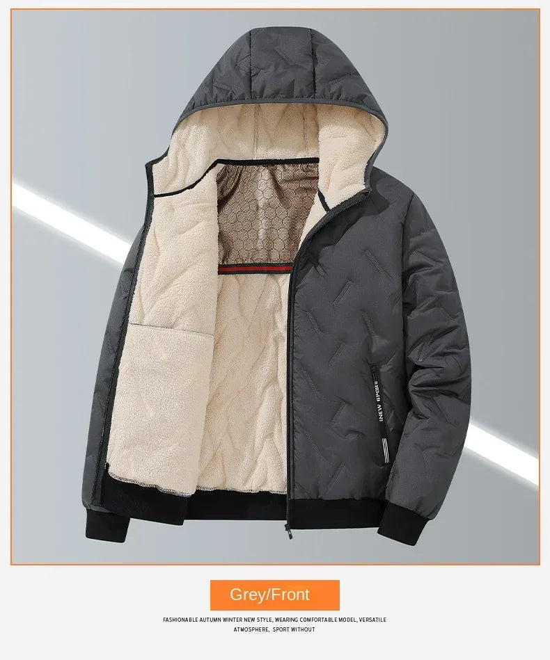 2024 new men's imitation wool cotton jacket thick and warm plus size loose and casual versatile solid color simple hooded top