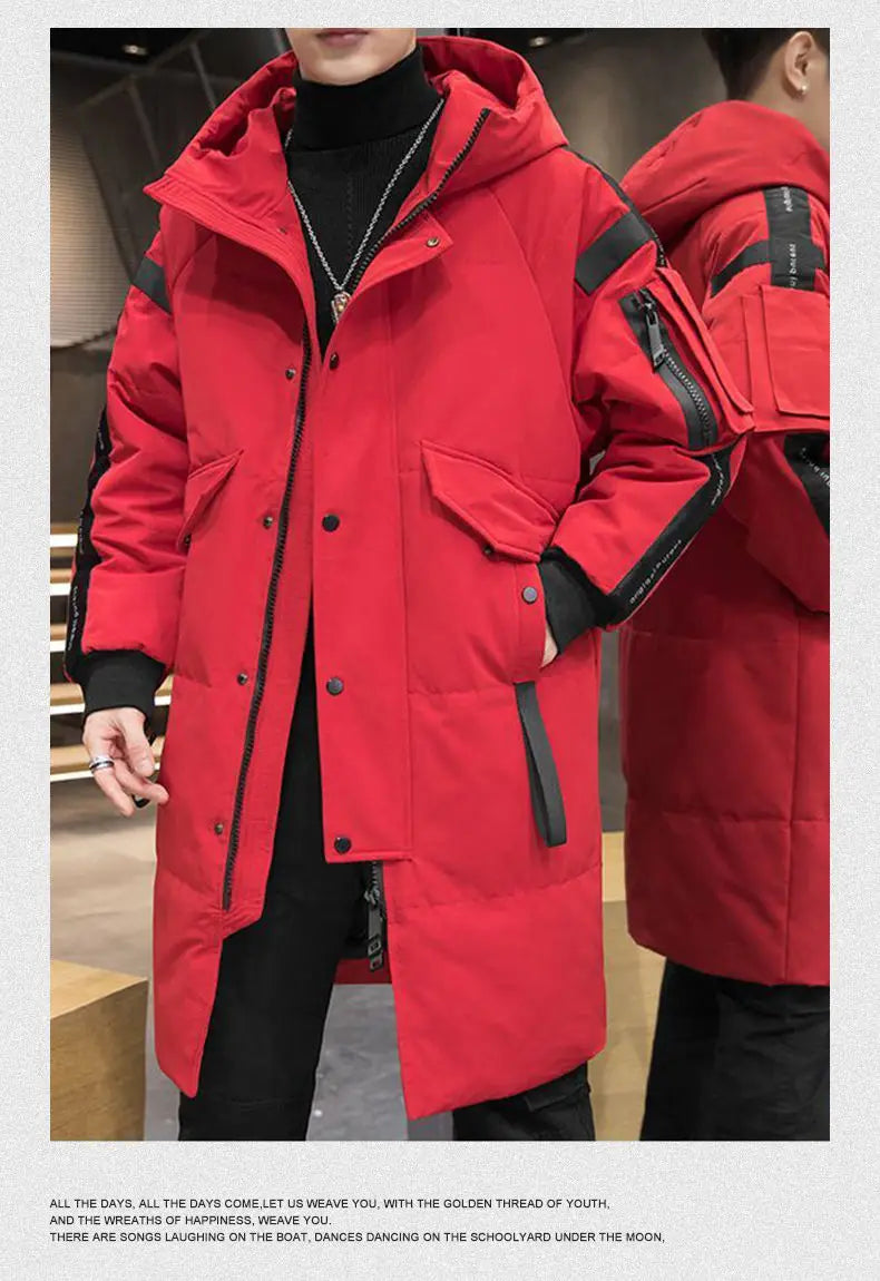 Men's Parkas Hooded New Over-the-knee Overcoat Thickened Mid-length Jacket Zipper Buttons Winter White Duck Down Jackets