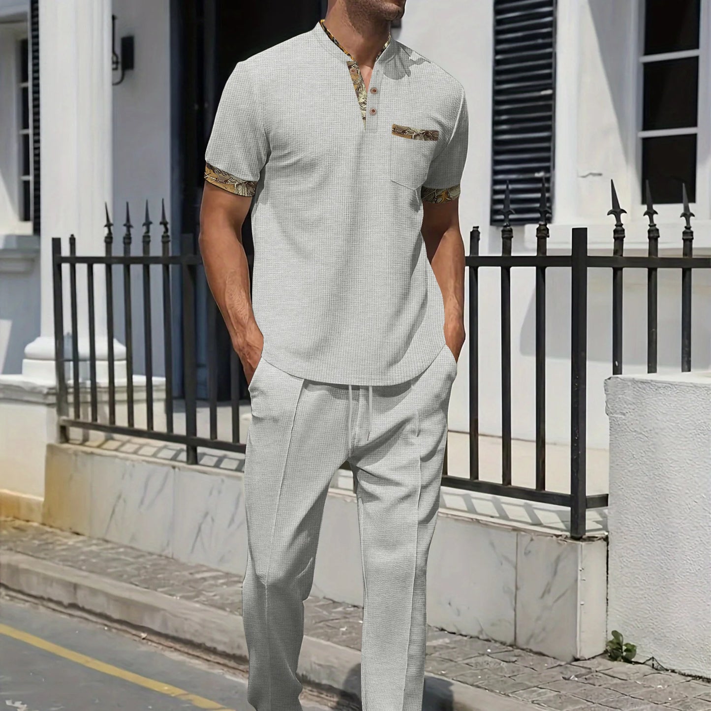 Men's Light Luxury Polo Shirt Set Summer Men's Stand up Collar Button Pocket Waffle Short Sleeve T-shirt Sports Trend Men's Set