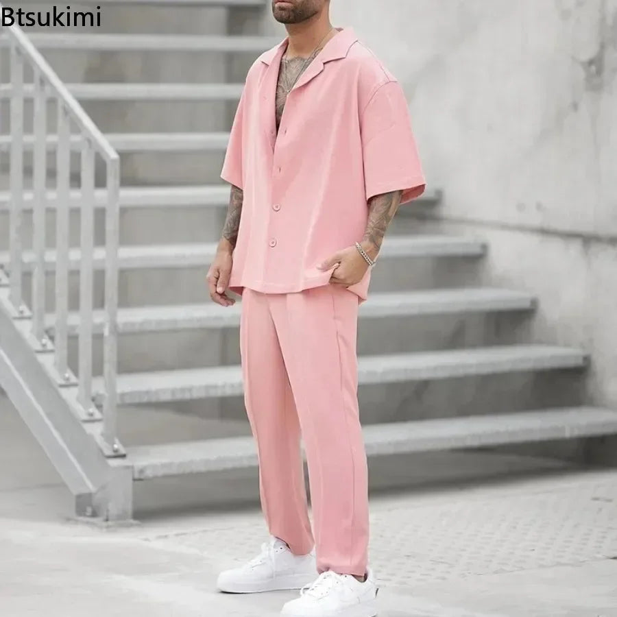 2025 Men's Casual 2PCS Pants Sets Fashion Lapel Shirt Top and Trousers Set Trendy Solid Blazer Pants Two Piece Set Clothing Male