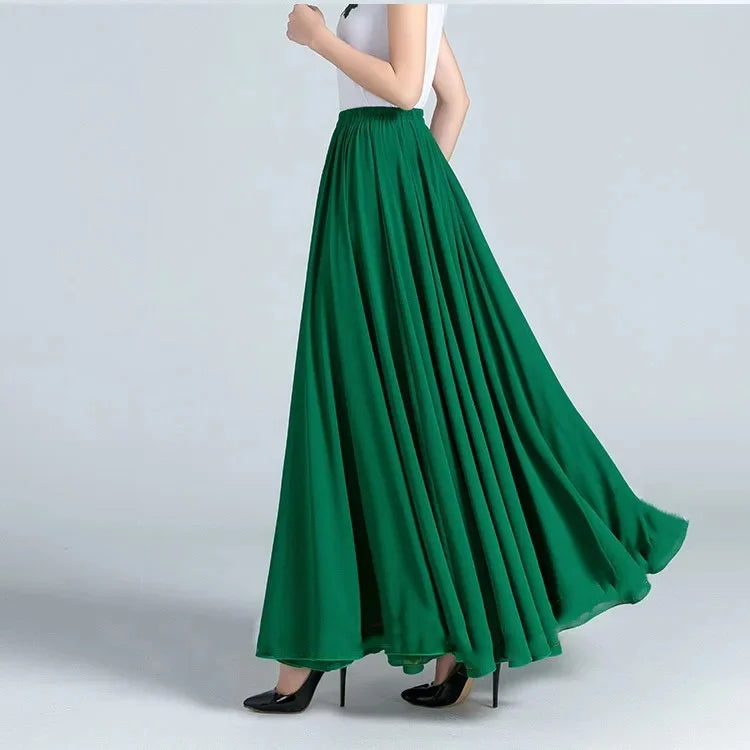 720 Degree Wide Dancing Skirt Chiffon Double Layer Semi-Long Dress Women's Solid Color Xinjiang Dance Skirt