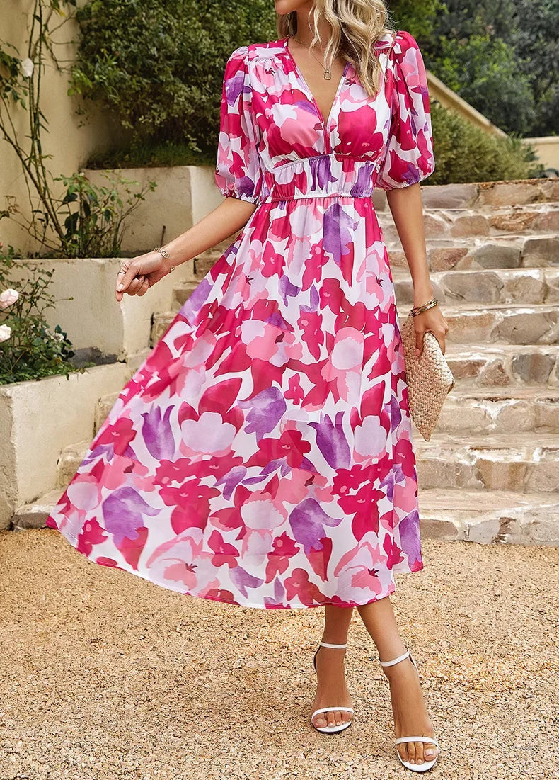 2024 Elegant High Quality Design summer long Dress Waist Cinching V-neck Print Elastic Waist Maxi  Dresses for Women Clothing
