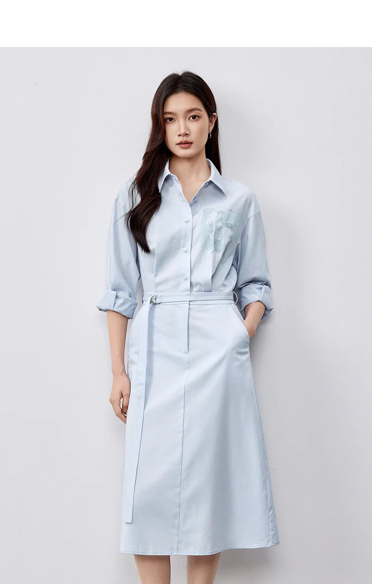 SENTUBILA Lyocell Shirt Dresses Womens 2025 Spring Cotton Embroidery A-line Turn Down Collar Solid Wrap Long Dress 151L58233